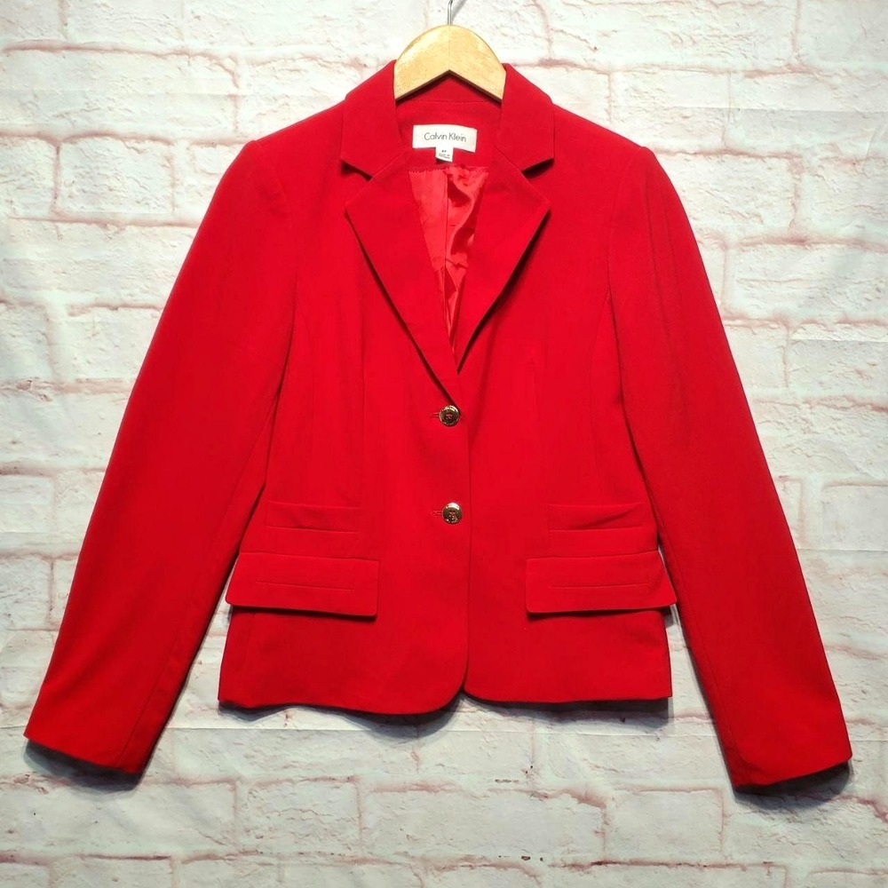 Calvin Klein Jacket Womens 8P Red Blazer Gold Button Lined Career Office Holiday